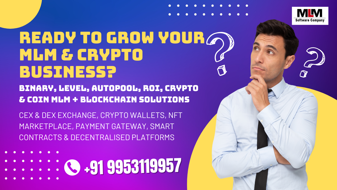Thumbnail for MLM and Crypto software article showing text: ‘Ready to Grow Your MLM & Crypto Business? Binary, Level, Autopool, ROI, Crypto & Coin MLM + Blockchain Solutions’ with subtext mentioning CEX & DEX exchanges, crypto wallets, NFT marketplac